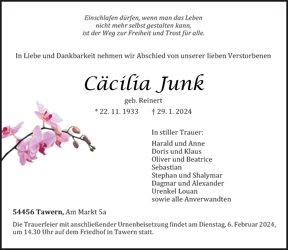  Traueranzeige für Cäcilia Junk vom 02.02.2024 aus trierischer_volksfreund