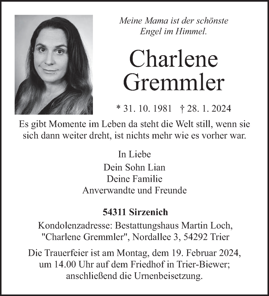  Traueranzeige für Charlene Gremmler vom 14.02.2024 aus trierischer_volksfreund