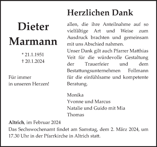 Traueranzeige von Dieter Marmann von trierischer_volksfreund