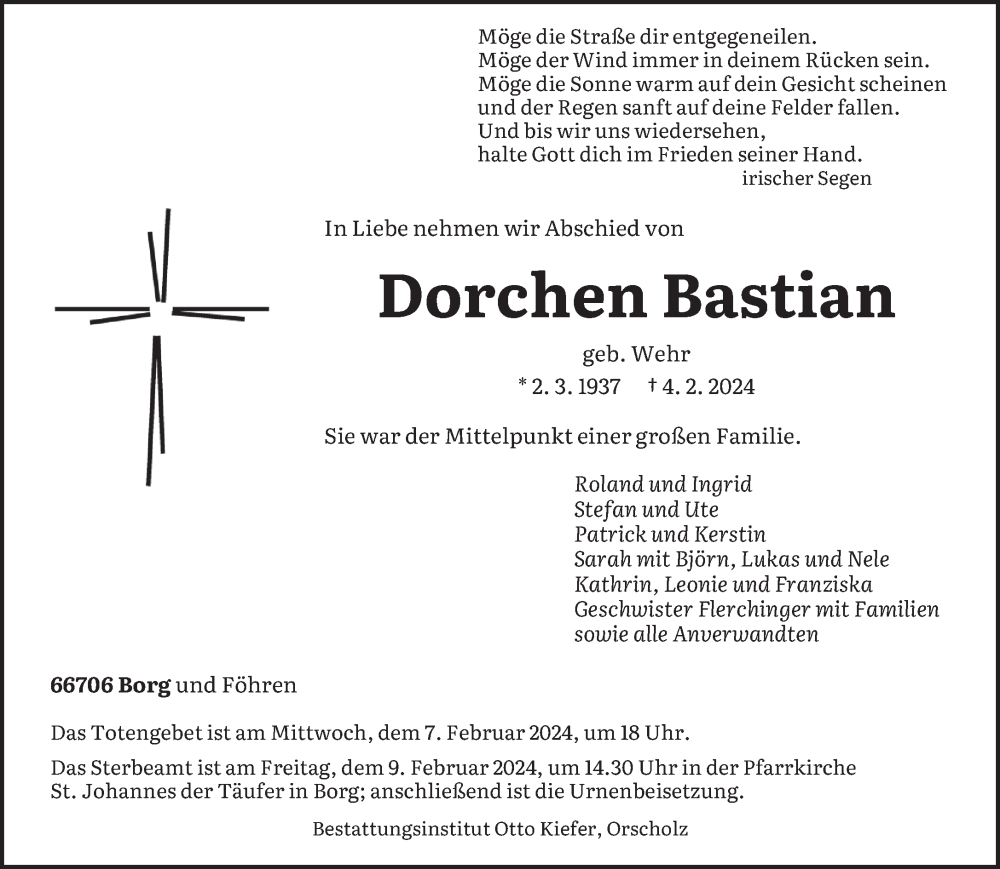  Traueranzeige für Dorchen Bastian vom 06.02.2024 aus trierischer_volksfreund