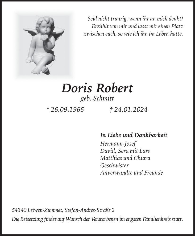 Traueranzeige für Doris Robert vom 31.01.2024 aus trierischer_volksfreund