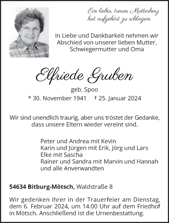 Traueranzeige von Elfriede Gruben von trierischer_volksfreund