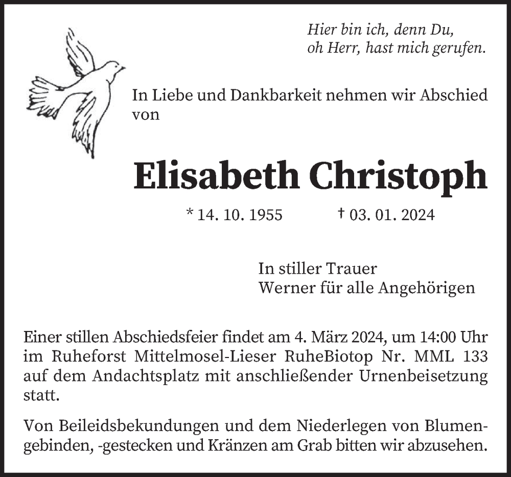  Traueranzeige für Elisabeth Christoph vom 24.02.2024 aus trierischer_volksfreund