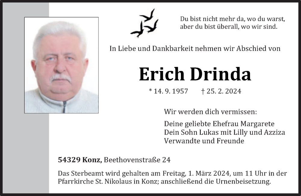  Traueranzeige für Erich Drinda vom 27.02.2024 aus trierischer_volksfreund
