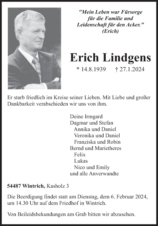 Traueranzeige von Erich Lindgens von trierischer_volksfreund