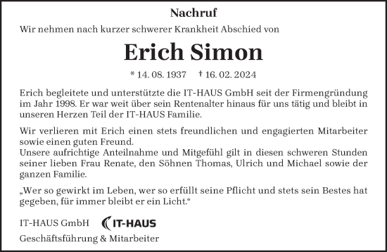 Traueranzeige von Erich Simon von trierischer_volksfreund