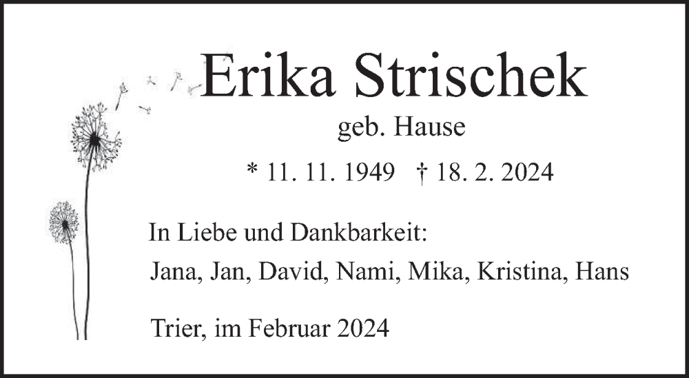  Traueranzeige für Erika Strischek vom 24.02.2024 aus trierischer_volksfreund