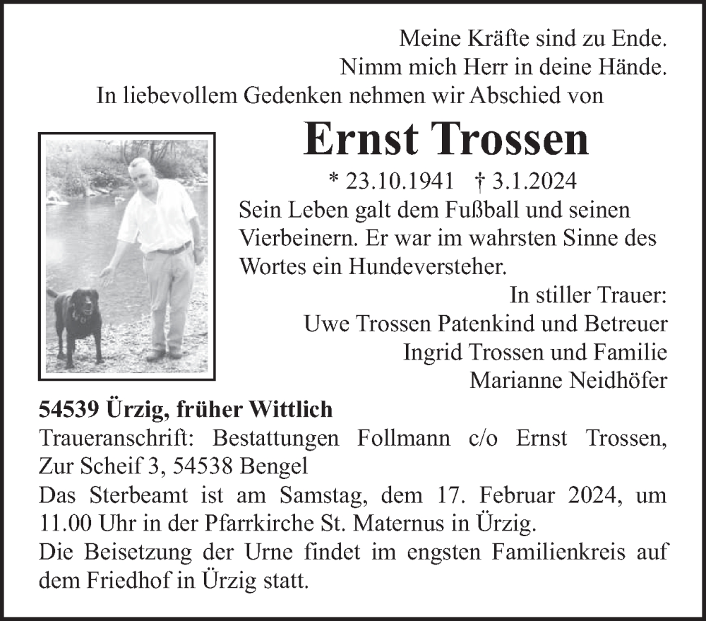  Traueranzeige für Ernst Trossen vom 10.02.2024 aus trierischer_volksfreund