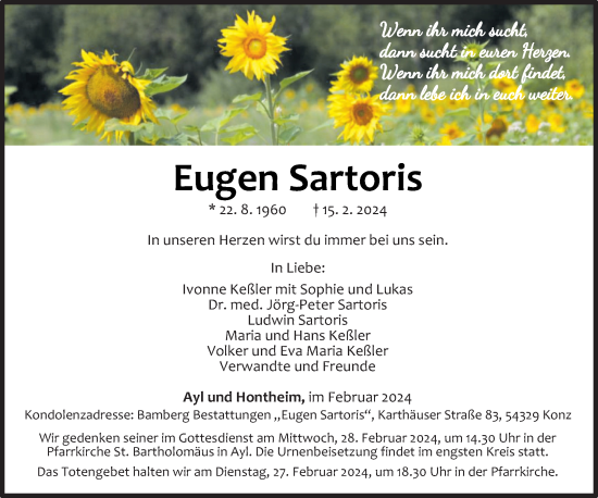 Traueranzeige von Eugen Sartoris von trierischer_volksfreund