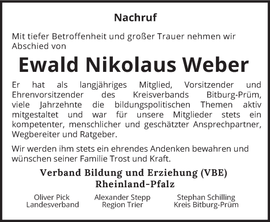Traueranzeige von Ewald Nikolaus Weber von trierischer_volksfreund
