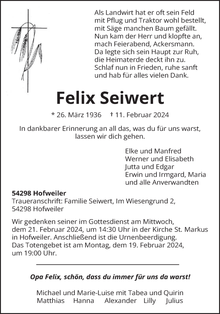  Traueranzeige für Felix Seiwert vom 17.02.2024 aus trierischer_volksfreund