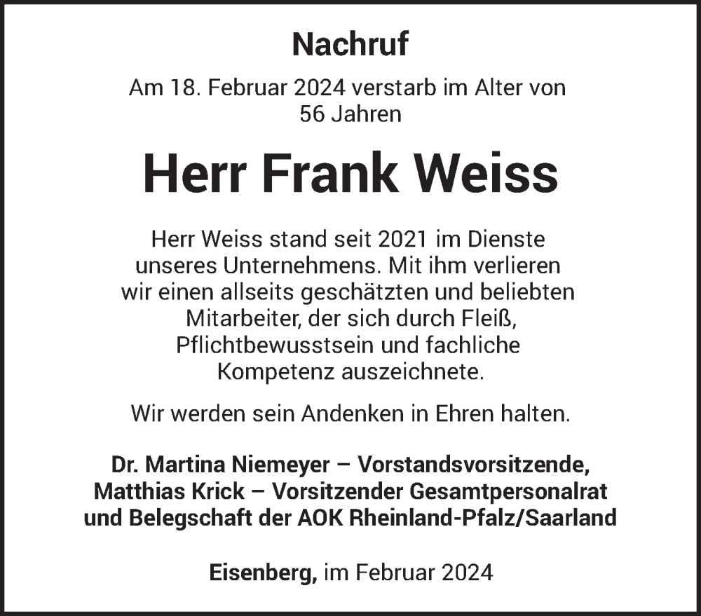  Traueranzeige für Frank Weiss vom 24.02.2024 aus trierischer_volksfreund