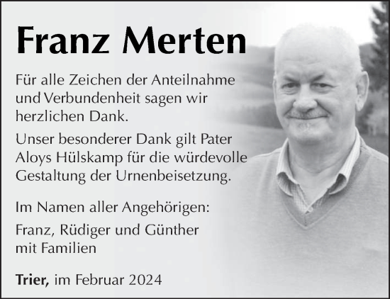 Traueranzeige von Franz Merten von trierischer_volksfreund