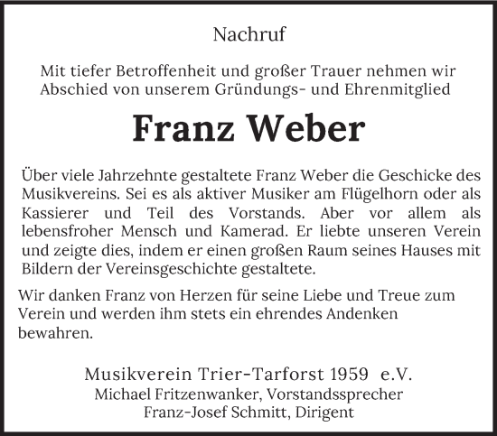 Traueranzeige von Franz Weber von trierischer_volksfreund