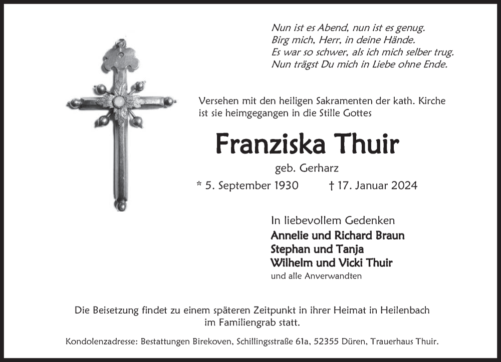  Traueranzeige für Franziska Thuir vom 10.02.2024 aus trierischer_volksfreund