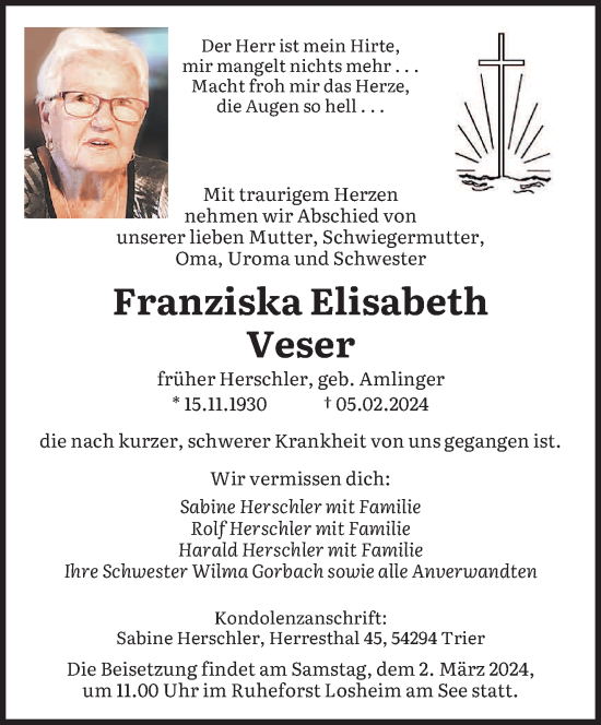 Traueranzeige von Franziska Elisabeth Veser von trierischer_volksfreund