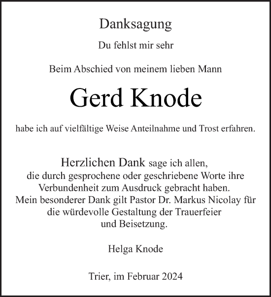 Traueranzeige von Gerd Knode von trierischer_volksfreund