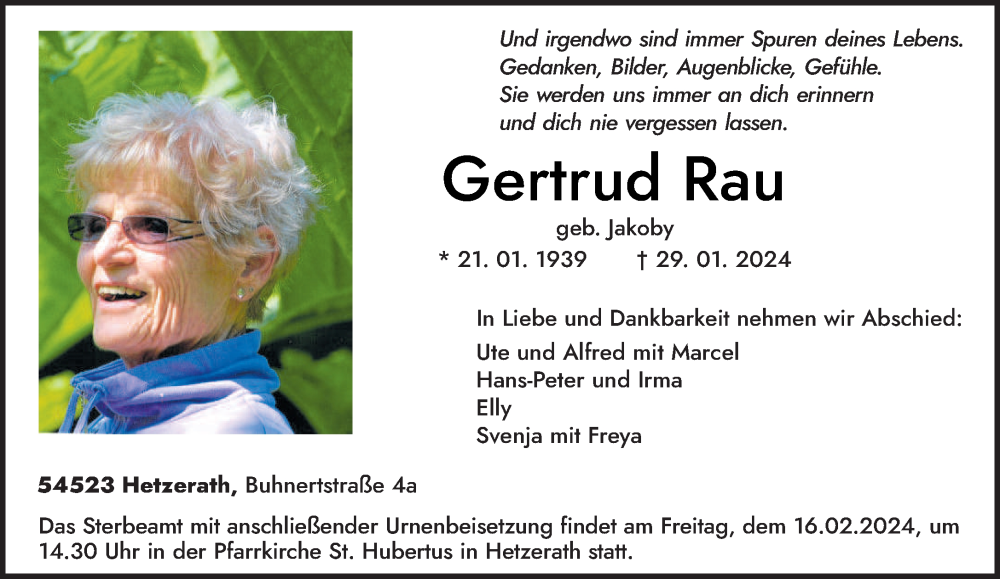  Traueranzeige für Gertrud Rau vom 10.02.2024 aus trierischer_volksfreund