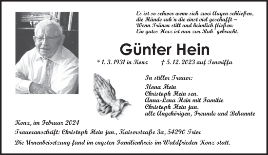 Traueranzeige von Günter Hein von trierischer_volksfreund