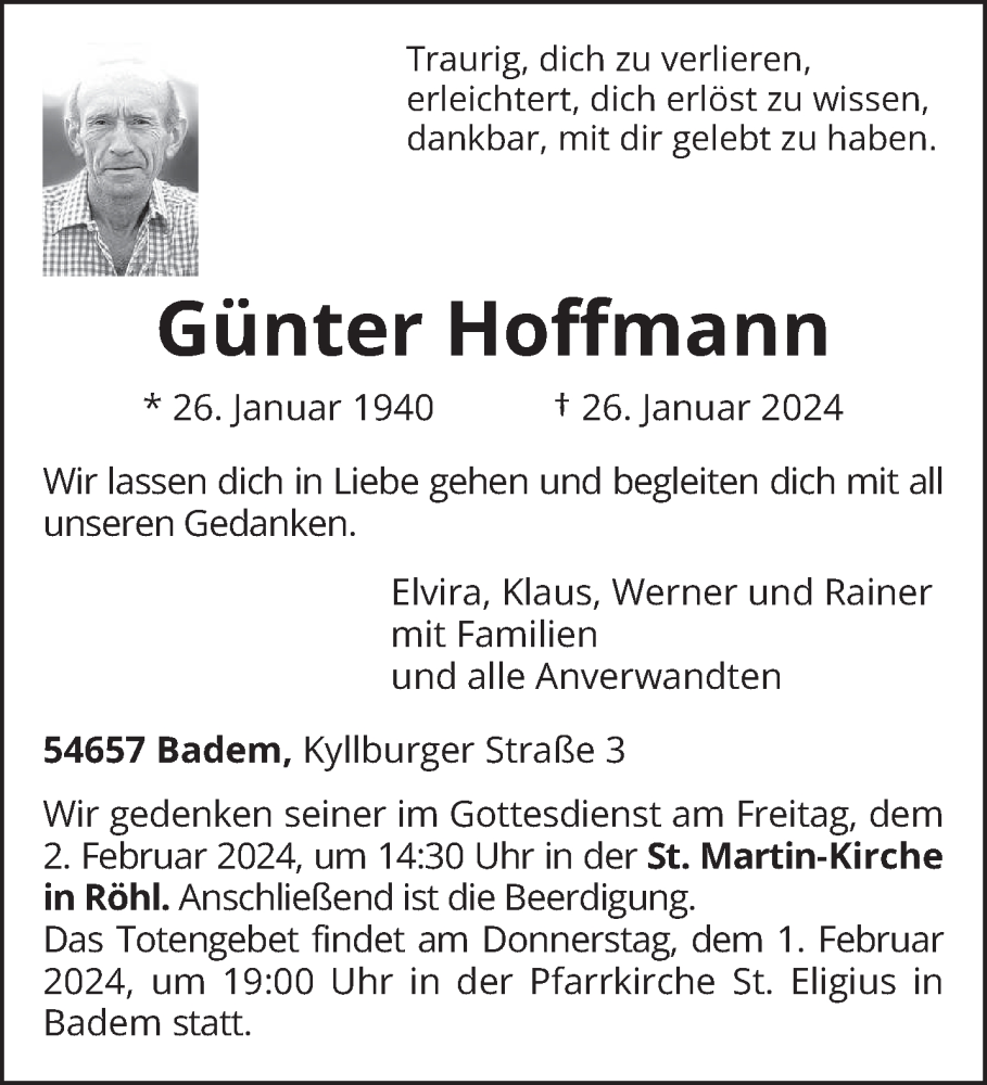  Traueranzeige für Günter Hoffmann vom 31.01.2024 aus trierischer_volksfreund