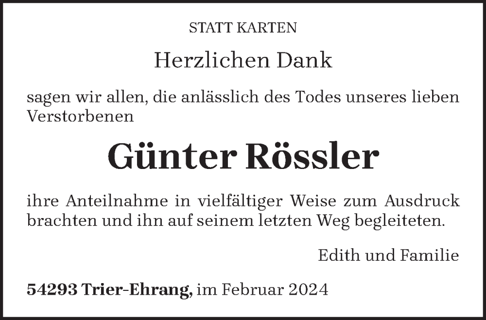  Traueranzeige für Günter Rössler vom 28.02.2024 aus trierischer_volksfreund