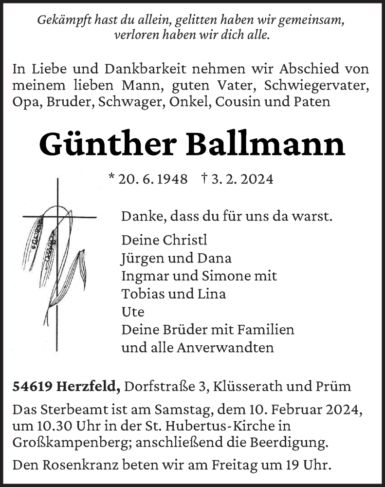  Traueranzeige für Günther Ballmann vom 07.02.2024 aus trierischer_volksfreund