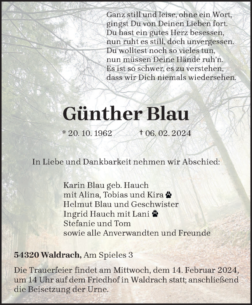  Traueranzeige für Günther Blau vom 10.02.2024 aus trierischer_volksfreund