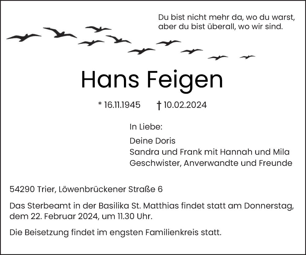  Traueranzeige für Hans Feigen vom 19.02.2024 aus trierischer_volksfreund
