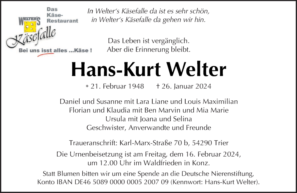  Traueranzeige für Hans-Kurt Welter vom 10.02.2024 aus trierischer_volksfreund