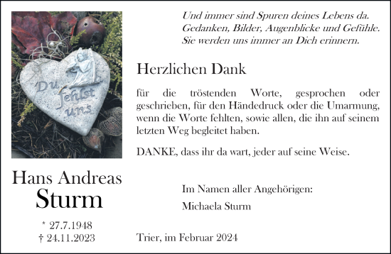 Traueranzeige von Hans Andreas Sturm von trierischer_volksfreund