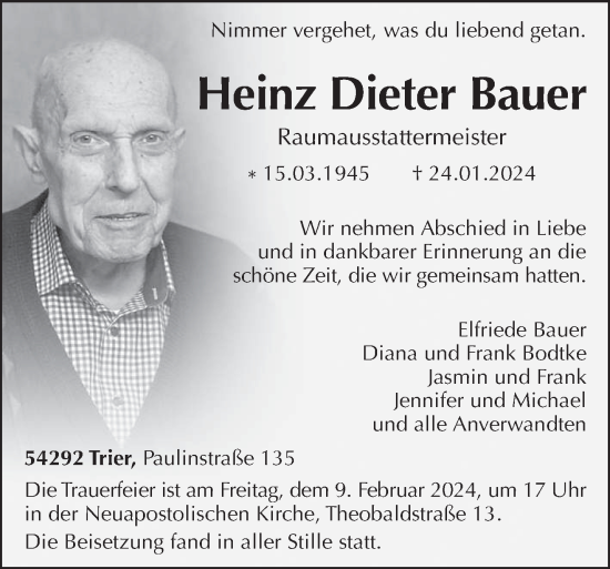 Traueranzeige von Heinz Dieter Bauer von trierischer_volksfreund