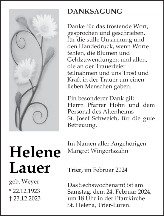 Traueranzeige von Helene Lauer von trierischer_volksfreund