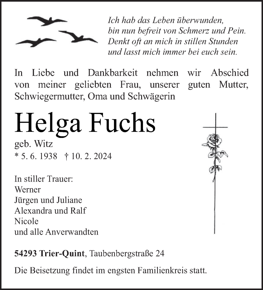  Traueranzeige für Helga Fuchs vom 17.02.2024 aus trierischer_volksfreund