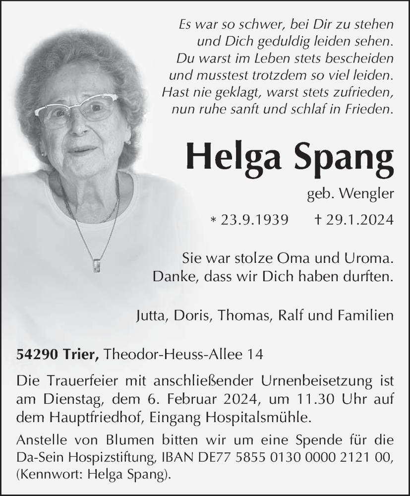  Traueranzeige für Helga Spang vom 03.02.2024 aus trierischer_volksfreund