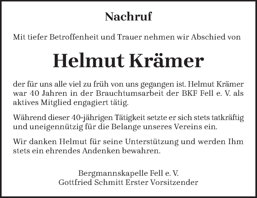  Traueranzeige für Helmut Krämer vom 10.02.2024 aus trierischer_volksfreund