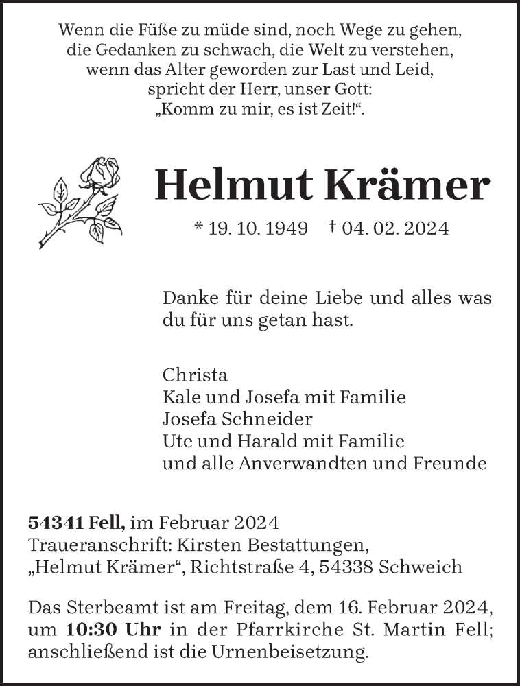  Traueranzeige für Helmut Krämer vom 10.02.2024 aus trierischer_volksfreund