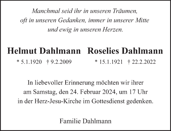 Traueranzeige von Helmut und Roselies Dahlmann von trierischer_volksfreund