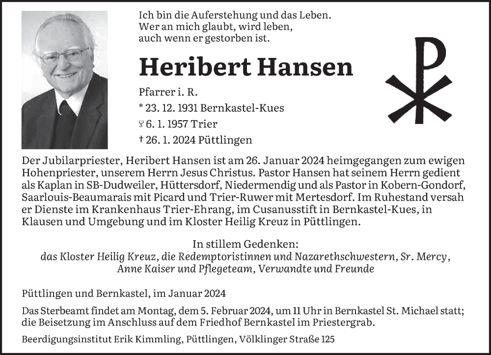  Traueranzeige für Heribert Hansen vom 31.01.2024 aus trierischer_volksfreund