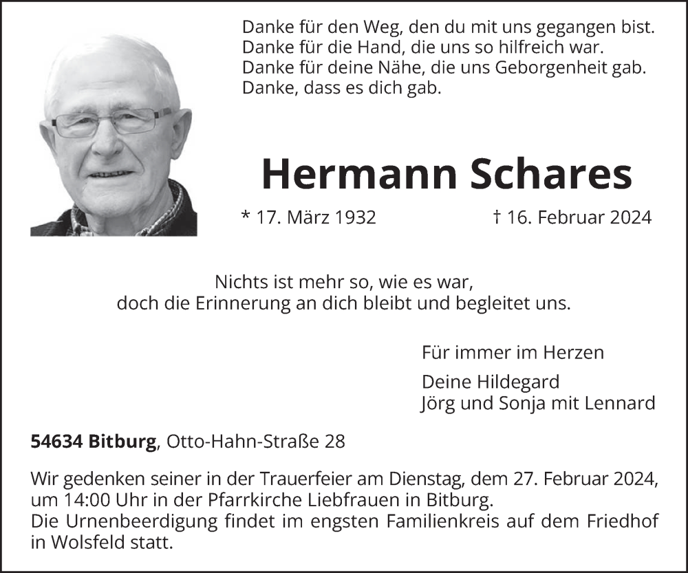  Traueranzeige für Hermann Schares vom 24.02.2024 aus trierischer_volksfreund