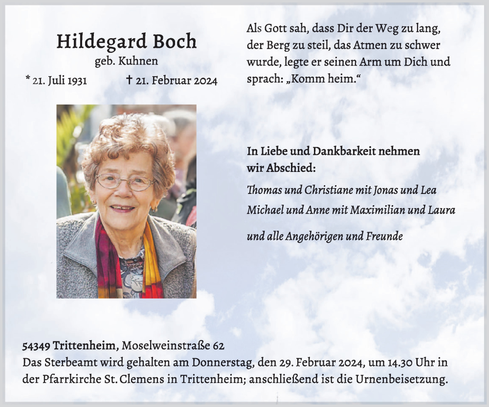  Traueranzeige für Hildegard Boch vom 24.02.2024 aus trierischer_volksfreund