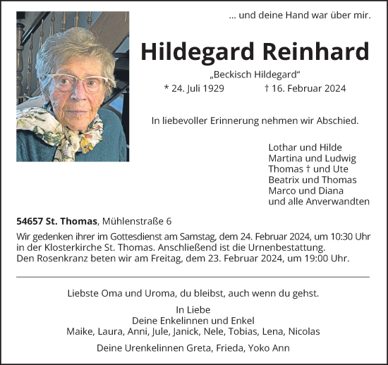 Traueranzeige von Hildegard Reinhard von trierischer_volksfreund
