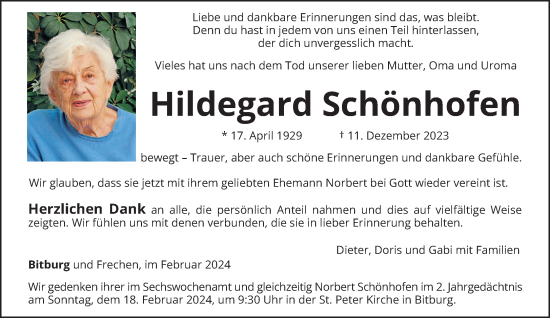 Traueranzeige von Hildegard Schönhofen von trierischer_volksfreund