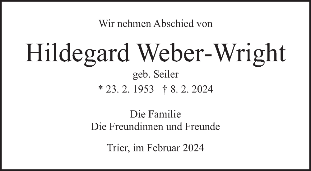  Traueranzeige für Hildegard Weber-Wright vom 14.02.2024 aus trierischer_volksfreund