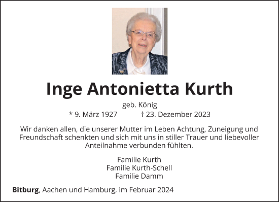 Traueranzeige von Inge Antonietta Kurth von trierischer_volksfreund