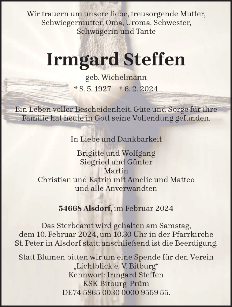  Traueranzeige für Irmgard Steffen vom 08.02.2024 aus trierischer_volksfreund