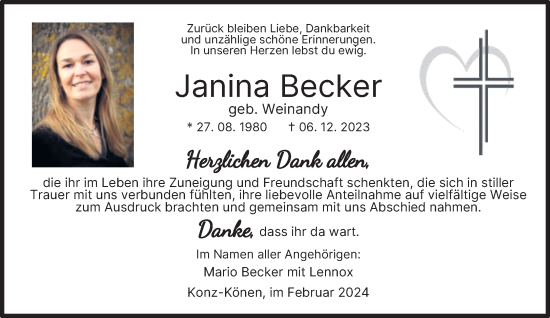 Traueranzeige von Janina Becker von trierischer_volksfreund