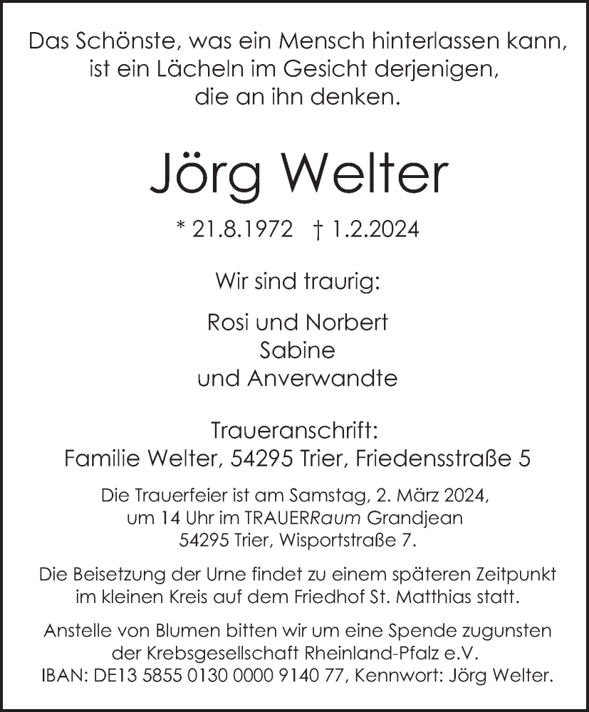  Traueranzeige für Jörg Welter vom 24.02.2024 aus trierischer_volksfreund