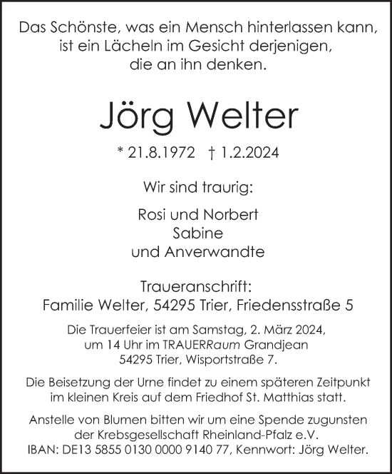 Traueranzeige von Jörg Welter von trierischer_volksfreund