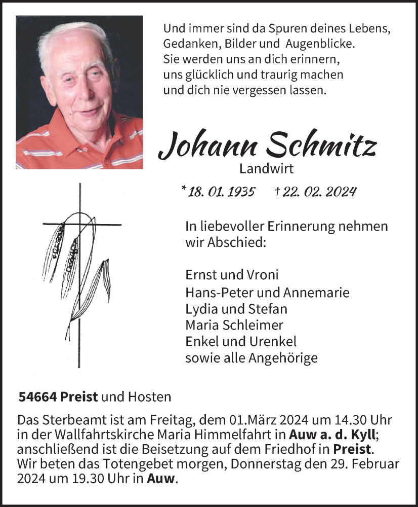  Traueranzeige für Johann Schmitz vom 28.02.2024 aus trierischer_volksfreund