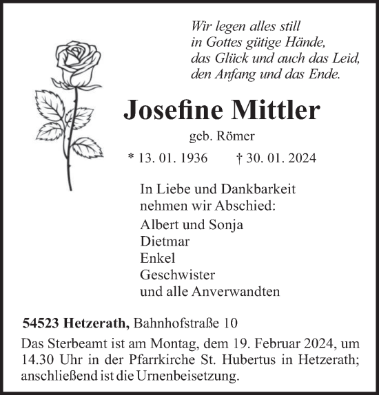 Traueranzeige von Josefine Mittler von trierischer_volksfreund